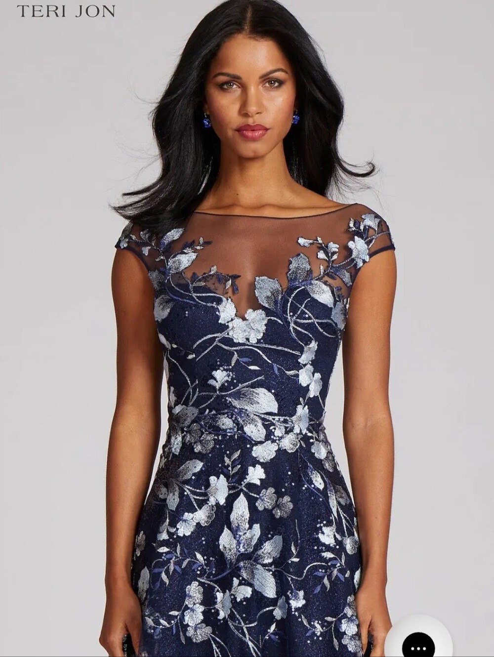 Teri Jon Navy Maxi Dress with Silver Floral Embroidery - Picture 3 of 14